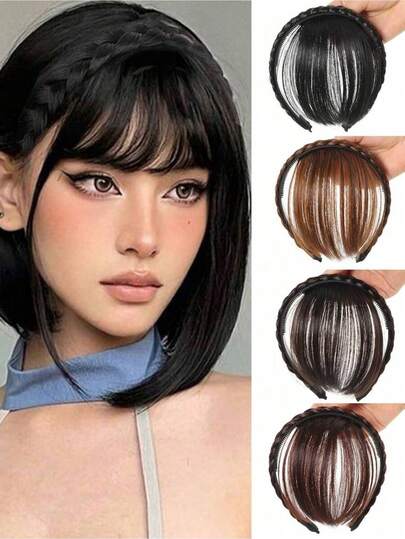 6 Inch Full Head Wig, Heat Resistant Synthetic Black Hair With Integrated Bangs, Natural Looking Women's Wig, Christmas Wig