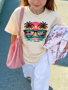 少女休闲印花圆领短袖T恤，夏季上衣 - 杏色 - 查看 8