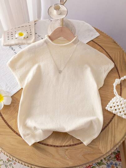 Girls' Elegant Solid Color Crew Neck Sleeveless Knit Sweater Vest, Lightweight For Casual Wear, Spring/Summer/Autumn