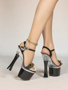 Giày cao gót siêu cao cấp gợi cảm, giày dự tiệc đêm, giày đế xuồng chống thấm nước, giày cao gót đế dày đính đá lấp lánh, giày sandal cưới màu đỏ trong suốt dành cho nữ. - màu đen - Xem 3