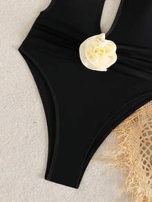 Elegant Solid Color Sexy Backless 3D Floral Knitted Fabric Beach Swimsuit - Black - View 3