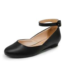 女士芭蕾舞平底鞋，低坡跟圆头踝带舒适休闲平底鞋 - 黑色 - 查看 9