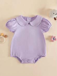 Baby Boy Girl Bubble Romper Infant Short Sleeve Collar Romper Oversize T-Shirt Cotton Bodysuit Top - 紫色 - 查看 1
