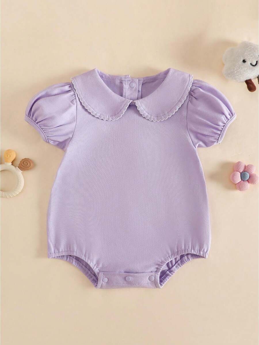 Baby Boy Girl Bubble Romper Infant Short Sleeve Collar Romper Oversize T-Shirt Cotton Bodysuit Top - 紫色 - 查看 1