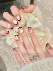 10 piezas de pegatinas de arte de uñas hechas a mano, puntas de uñas de almendra acrílicas desmontables, diseños minimalistas lindos adecuados para festivales, Año Nuevo, San Valentín, fiestas, uñas de temporada Uñas postizas hechas a mano - Burdeos - Ver 11