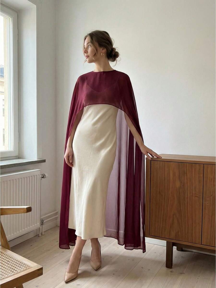 Ladies Sheer Cape Shrug, Bridal Long Shawl Wraps, Elegant Evening Outfit, Womens Poncho Shawl, Solid Color Cover-Up Capes Perfect For Special Occasions Stylish - Claret - 酒紅色 - 查看 1