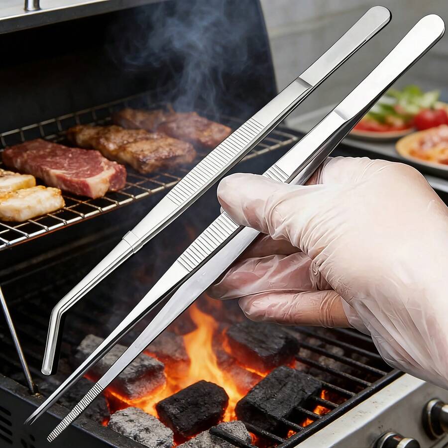 2pcs Stainless Steel Cooking Tongs, BBQ Tongs, Food Clip, Suitable For Salad, Vegetables, Meat, Easy To Clean, Space-Saving Practical Kitchen Tool