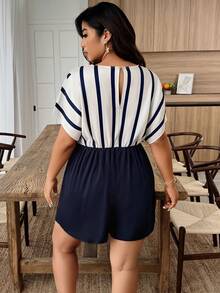 Plus Size Women's Spring/Summer Striped Color Block Jumpsuit With Matching Top And Shorts, Casual - Multicolor - View 5