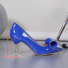 XCM Women's Royal Blue Patent Leather Pointed-Toe Flats With Elegant Bow Embellishments And A Metallic Chunky Heel; Lightweight And Comfortable Slip-On Dress Shoes, Designed Specifically For Women And Young Girls, Featuring A Stylish Bright Blue Hue And A Stable, Comfortable Mid-Heel Design; Suitable For Office Commutes, Everyday Wear, Banquets, And Parties. Also Suitable For All Seasons, Including Wedding And Party Shoes - 藍色 - 查看 7