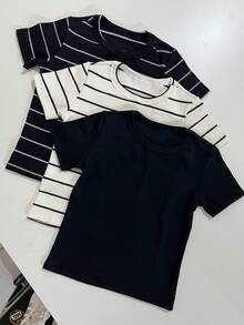 Women's Ribbed Cotton Striped Basic Two-Tone T-Shirt - Casual Autumn/Winter/Summer American Style - NAVY BLUE STRIPED - View 3
