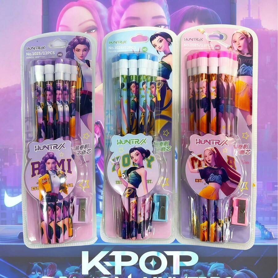 12pcs K-POP Girl Group Jumbo Erasable Pencil Set - Comprehensive K-POP Stationery Set, Includes 3 Pencil Sharpeners, Vibrant Cartoon K-POP Character Prints, Smooth Erasable Lead, Durable Anti-Break Design | Suitable For Back To School Essentials, Study & Exam Supplies - Multicolor - View 1