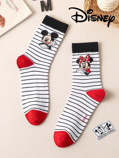 Disney 2/1 par de calcetines de media caña con diseño de Mickey y Minnie, diseño de dibujos animados lindos, resistentes al olor y que absorben la humedad, calcetines casuales de tripulación, adecuados para estudiantes/adultos como regalos o uso diario, a juego en pareja