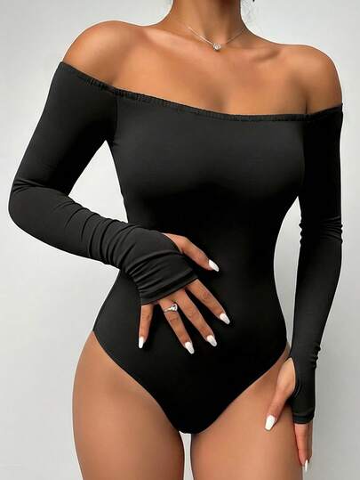ChicMe Women's Off-Shoulder Long Sleeve Bodysuit, With Thumb Hole Cuffs, Solid Color Pullover, Sexy Y2K Streetwear Style Party Outfit