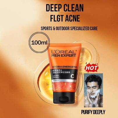 L’Oreal Paris 50/100ml Men's Expert Moisturizing Facial Cleanser, Deep Pore Cleansing, Oil Control, Infused With Vitamin CG And Cocoa Extract, Brightens Complexion. Suitable For Daily Skincare, Improves Fatigued Skin. Gentle Formula, Long-Lasting 8-Hour Hydration, Suitable For Oily And Sensitive Skin.
