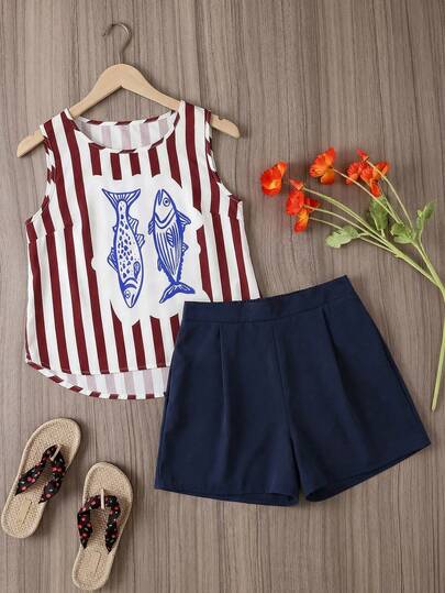 大码女式条纹鱼纹背心短裤休闲度假套装，春夏款