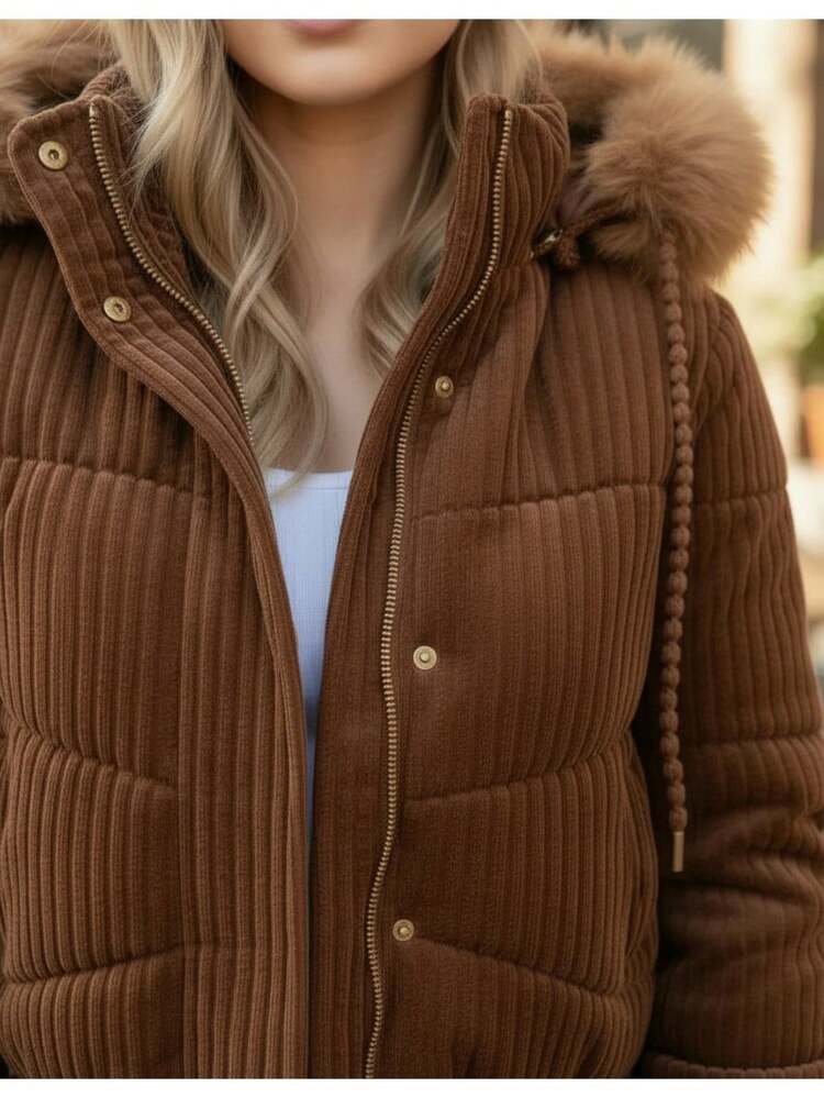 Jaqueta Feminina Puffer Veludo Cotelê Peluciada Inverno - Marrom - Visão 5