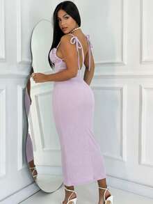 Women's Long Dress With Various Ties, Butt-Lifting Effect, Sensual Slit, And Thin Straps - 紫丁香色 - 查看 3