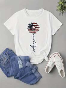 Women'S Chic American Flag Print Tee- Comfy, Casual Short Sleeve Crew Neck T-Shirt For Everyday Wear& Stylish Layering, Soft, Skin-Friendly, Comfortable, Unisex Clothing - 白色 - 查看 6