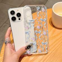 1pc Floral & Blue Bow Transparent Phone Case With Precise Cutouts - Clear - View 2