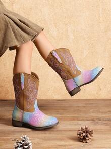 Girls Rainbow Cowgirl Boots Glitter Western Style Toddler Cowboy Boots Child Mid Calf Rhinestone Riding Shoes Party Birthday Dress Up For Toddler/Little/Big Kid Party School Holiday Dress Up - Màu xanh bạc hà - Xem 8