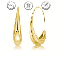 1 par de elegantes pendientes de aro de gota de agua curvados plateados en plata 925, adecuados para uso diario, fiestas y regalos - Dorado - Ver 8