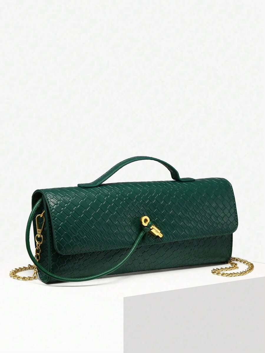 Women's Retro Minimalist Faux Woven Texture Angora Red Vintage Flap Lock Large Capacity Clutch Handbag, Shoulder Bag For Parties, Outings And Daily Use - màu xanh lá - Xem 1