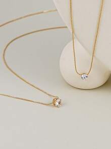 1pc Minimalist Cubic Zirconia Double-Layer Necklace, Suitable For Women's Daily Wear, Dates, Parties - Yellow Gold - View 4