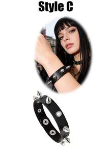 1/3pcs Women Punk Style Leather Bracelet, 80s 90s Emo Retro Rivet Adjustable Wrap Wrist Accessories - Gun Black - View 12