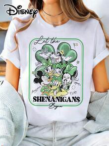 Disney Official Authorization | Women's St. Patrick's Day Themed Short-Sleeve T-Shirt Features A Vintage Group Photo Print Of Classic Characters Including Mickey Mouse, Minnie Mouse, Donald Duck, Daisy Duck, Goofy And Pluto, With The Fun Slogan "Let The Shenanigans Begin", Paired With Festive Elements Such As Clovers And Rainbows. Made Of Opaque Fabric, It Is Machine Washable, Suitable For Theme Park Visits And Daily Casual Wear, Making It An Eye-Catching Item For Holiday Outfits. - White - View 1