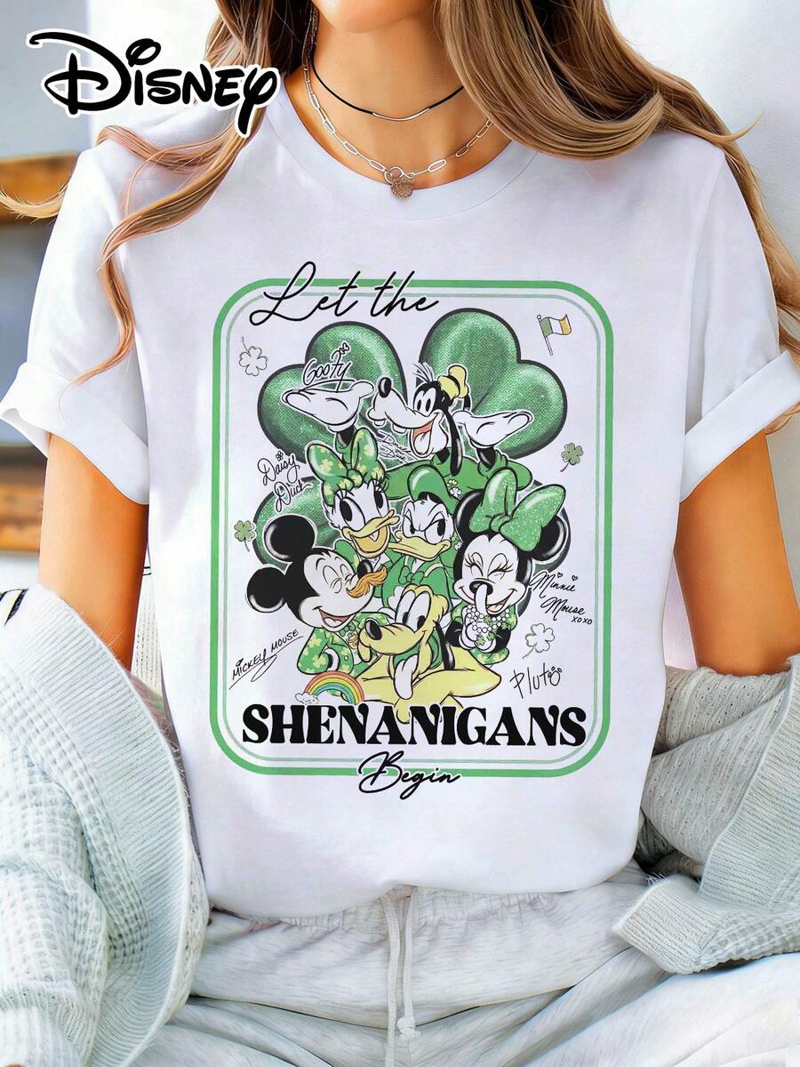 Disney Official Authorization | Women's St. Patrick's Day Themed Short-Sleeve T-Shirt Features A Vintage Group Photo Print Of Classic Characters Including Mickey Mouse, Minnie Mouse, Donald Duck, Daisy Duck, Goofy And Pluto, With The Fun Slogan "Let The Shenanigans Begin", Paired With Festive Elements Such As Clovers And Rainbows. Made Of Opaque Fabric, It Is Machine Washable, Suitable For Theme Park Visits And Daily Casual Wear, Making It An Eye-Catching Item For Holiday Outfits. - White - View 1