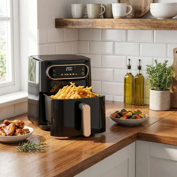 Freidora de Aire 7L 1350W sin Aceite con Pantalla LED Táctil, airfryer Control de Temperatura 80-200°C y Temporizador 60 Min, Mango Rosa Dorado, 6 en 1 para Hornear, Asar y Recalentar