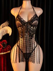 性感内衣，薄纱蕾丝睡裙，两件套：连衣裙+丁字裤，女士连衣裙和性感内衣套装 - 黑色 - 查看 10