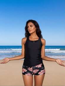 2026 New Women's Sexy Fashion Black & Pink Floral Patchwork Two-Piece Boyleg Swimsuit For Vacation & Leisure - 黑色 - 查看 3