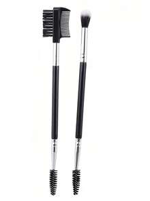 2 Pieces Eyebrow Brush & Eyelash Curler Set With Wooden Handle Comb Portable Dual-Ended Makeup Brush Tool - Black - View 7