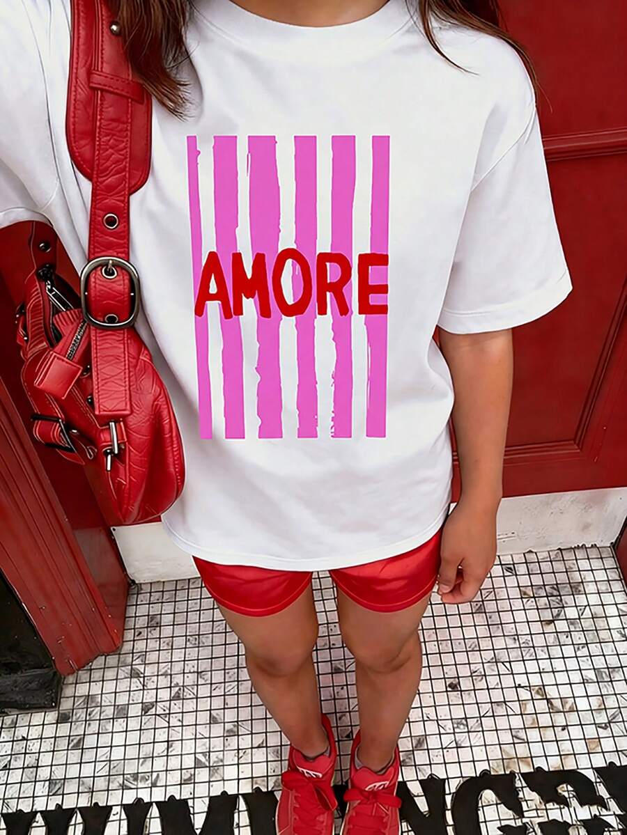 1 件女童休闲印花圆领短袖 T 恤，夏季学生年轻服装 - 简约英文字母风格 T 恤激发想象力和自我表达