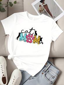 Cat Mom Paw Print Design Summer Short Sleeve T Shirt - White - View 2