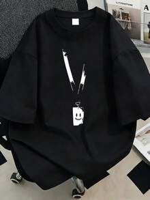 Plus Size Women's Printed Round Neck T-Shirt, Fashionable Pattern Short Sleeve. Suitable For Summer Vacation, Beach, Resort, Spring, Valentine's Day, Carnival, Mother's Day Gift, Mom Gift, Graduation Tee, Back To School Casual - Black - View 1