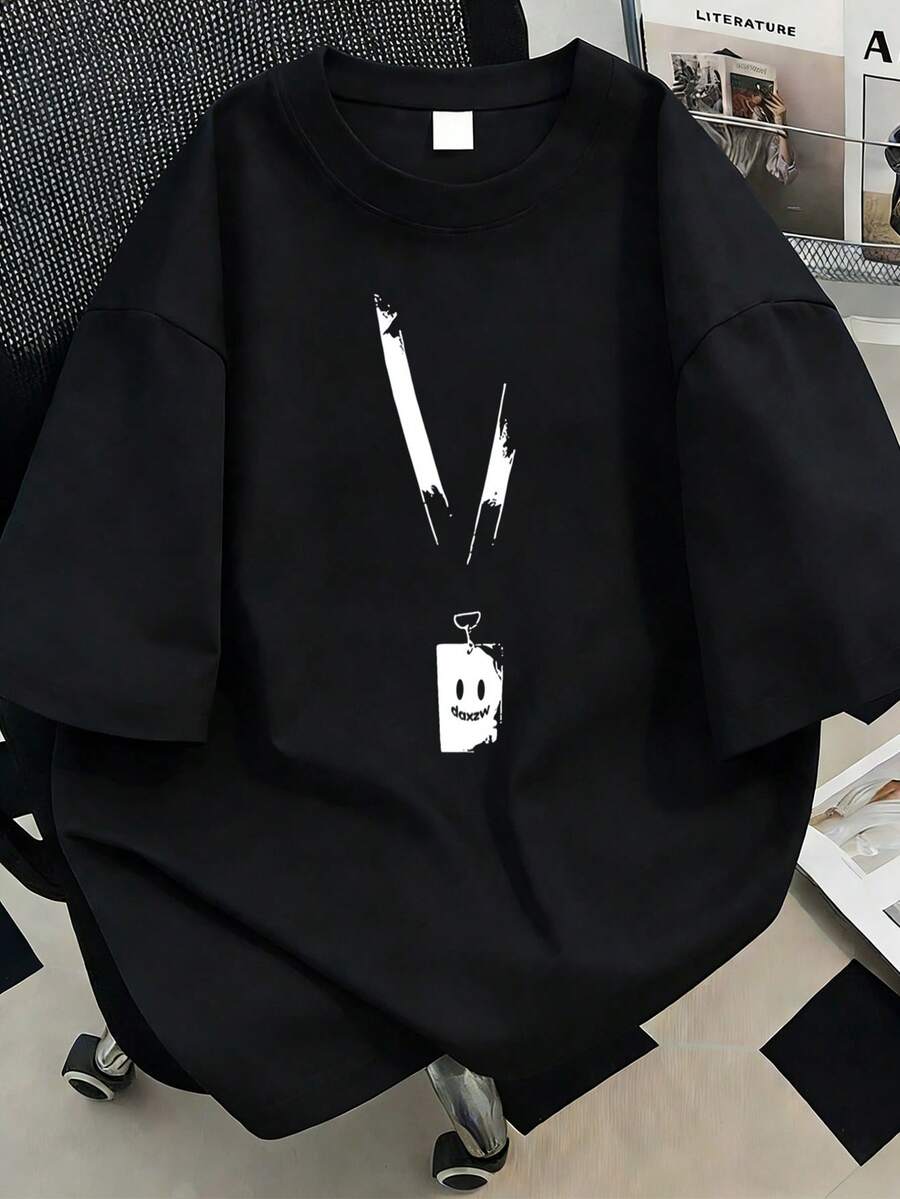 Plus Size Women's Printed Round Neck T-Shirt, Fashionable Pattern Short Sleeve. Suitable For Summer Vacation, Beach, Resort, Spring, Valentine's Day, Carnival, Mother's Day Gift, Mom Gift, Graduation Tee, Back To School Casual - Black - View 1