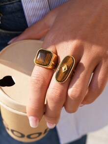 Frminee 2 PCS / 1 PC Fashion Natural Tiger Stone Stainless Steel Rings Oval Alpaca Rings For Women Stacked Rings Ladies' Jewelry Gifts For Her - Gold - View 2