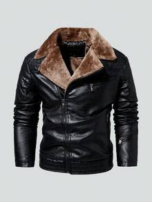 Men's Outdoor Winter Fleece-Lined PU Leather Pilot Jacket, Black Collar Motorcycle Style Leather Jacket - Black - View 12