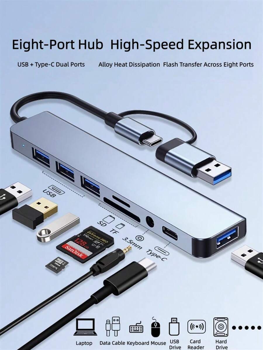 8-In-1 Type-C Hub, Multifunctional Card Reader, Laptop Computer Expansion Dock, USB Splitter - View 1