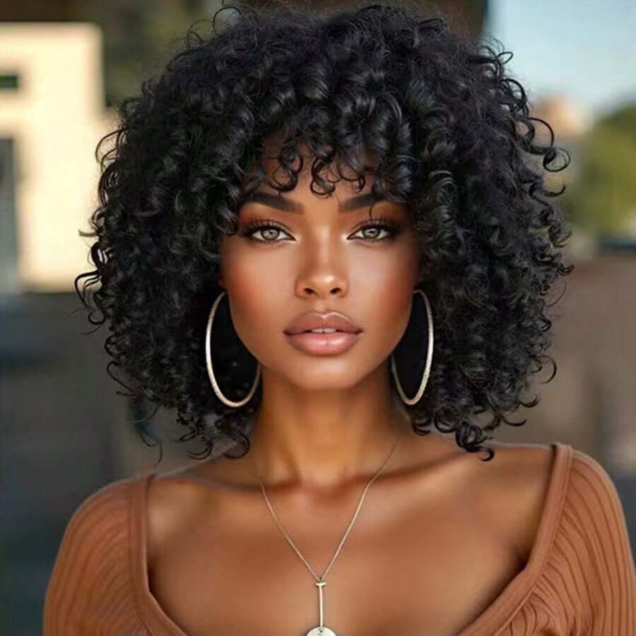 Peluca sintética rizada de 14 pulgadas con flequillo - Cabello rizado africano vibrante hecho de fibras de alta densidad, gorro cómodo, fácil de usar, adecuado para principiantes, uso diario y ocasiones especiales, disponible en múltiples colores, adecuado para disfraces de Halloween - Negro - Ver 1
