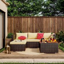 Conjunto de sofá de patio al aire libre, sofá seccional de conversación de mimbre de polietileno y ratán con mesa de centro de vidrio para porche, patio y piscina. - Albaricoque - Ver 2
