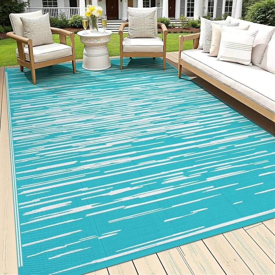 Pauwer Outdoor Rug Waterproof For Patios, Reversible Plastic Straw Rug Camping Carpet, Indoor Outdoor Area Rugs Patio Mats For RV,Picnic,Backyard,Deck,Balcony,Porch - Stripe/Teal - View 1