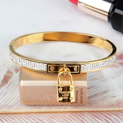1pc Luxury Ins Style Crystal Inlaid Lock Design Stainless Steel Bracelet, Accessory For Women