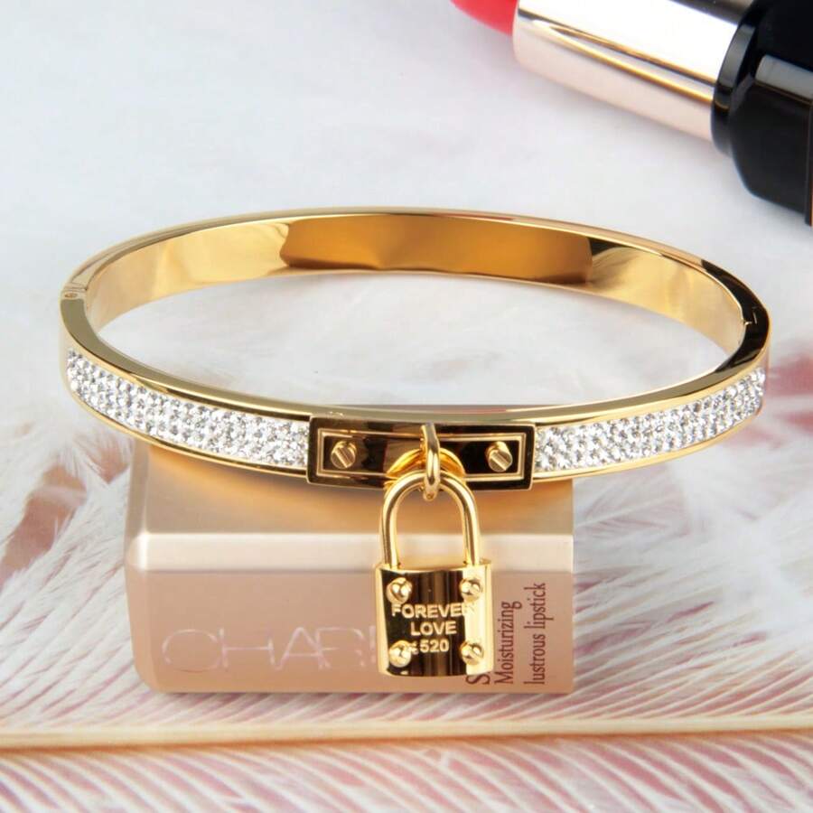 1pc Luxury Ins Style Crystal Inlaid Lock Design Stainless Steel Bracelet, Accessory For Women - Small Lock Bracelet - View 1