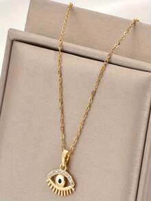 1件金色立方体蓝色眼睛复古设计独特时尚简约项链吊坠，适合男士、女士、情侣、街头服饰、日常、派对、圣诞节、万圣节等场合，百搭（OPP袋包装） - 金色 - 查看 4