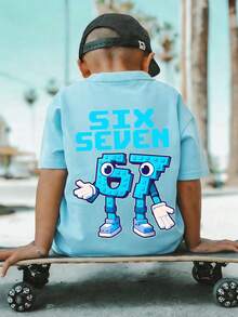 Soft & Comfortable Funny Number 67 Graphic Print Summer Top For Boys, Fashionable - Baby Blue - View 3
