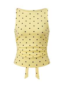 Women Tank Top, Sleeveless Tops Crew Neck Tie-up Dots Print Slim Fit Summer Clubwear - Amarillo - Ver 5
