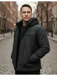 Men's Winter Jacket/Coat In Twill Fabric With Warm Lining And Hood - Black - View 2